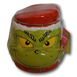 Dr. Seuss The Grinch with Santa Hat Ceramic Cookie Jar Canister + Choc Cookies